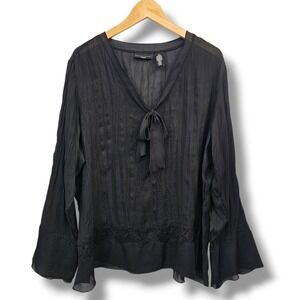 Vintage Y2K Top 1X Black Tie Neck Lace Sheer Crinkle Whimsigoth Dark Fairy Alt